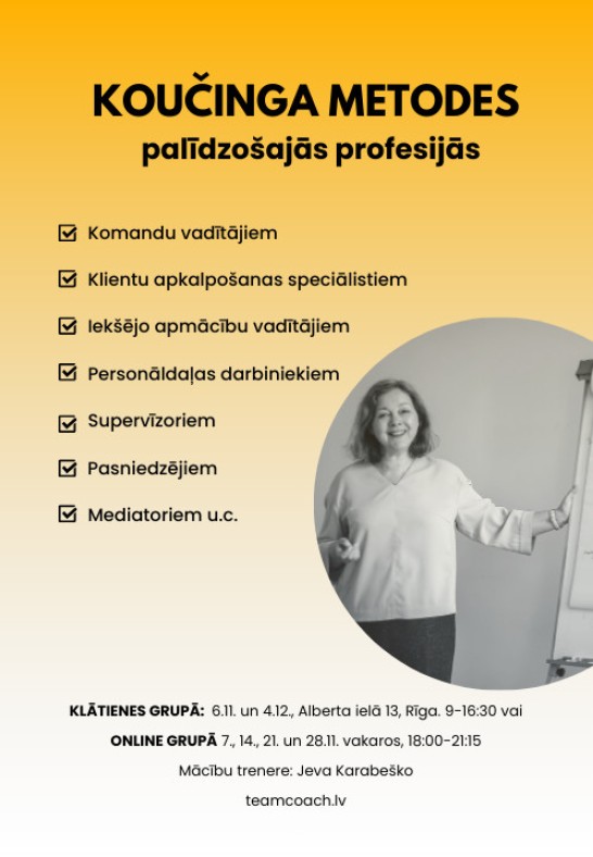 Koučinga metodes palīdzošajās profesijās Tiešraide/Online